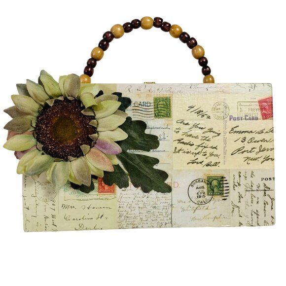 Wooden Handbag Cigar Box VTG 80s Purse Lined Rustic Style Postcard Design Beaded - Picture 1 of 15
